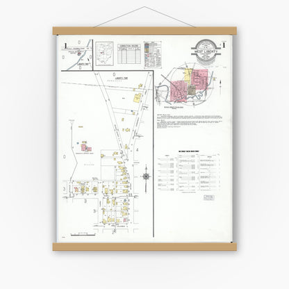 Old map wall art mockup — magnetic wood frame on white wall — Sanborn Fire Insurance Map from West Liberty, Logan County, Ohio (1948) - Complete Map Set