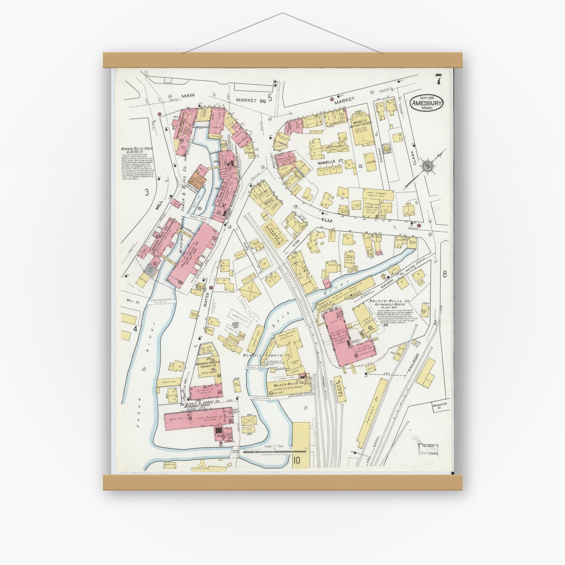 Old map wall art mockup — magnetic wood frame on white wall — Sanborn Fire Insurance Map from Amesbury, Essex County, Massachusetts (1918), Sheet #0007