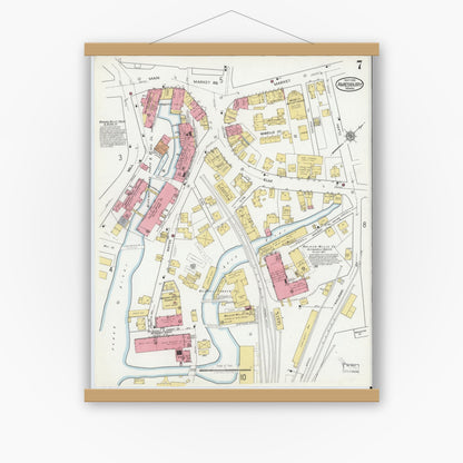 Old map wall art mockup — magnetic wood frame on white wall — Sanborn Fire Insurance Map from Amesbury, Essex County, Massachusetts (1918), Sheet #0007
