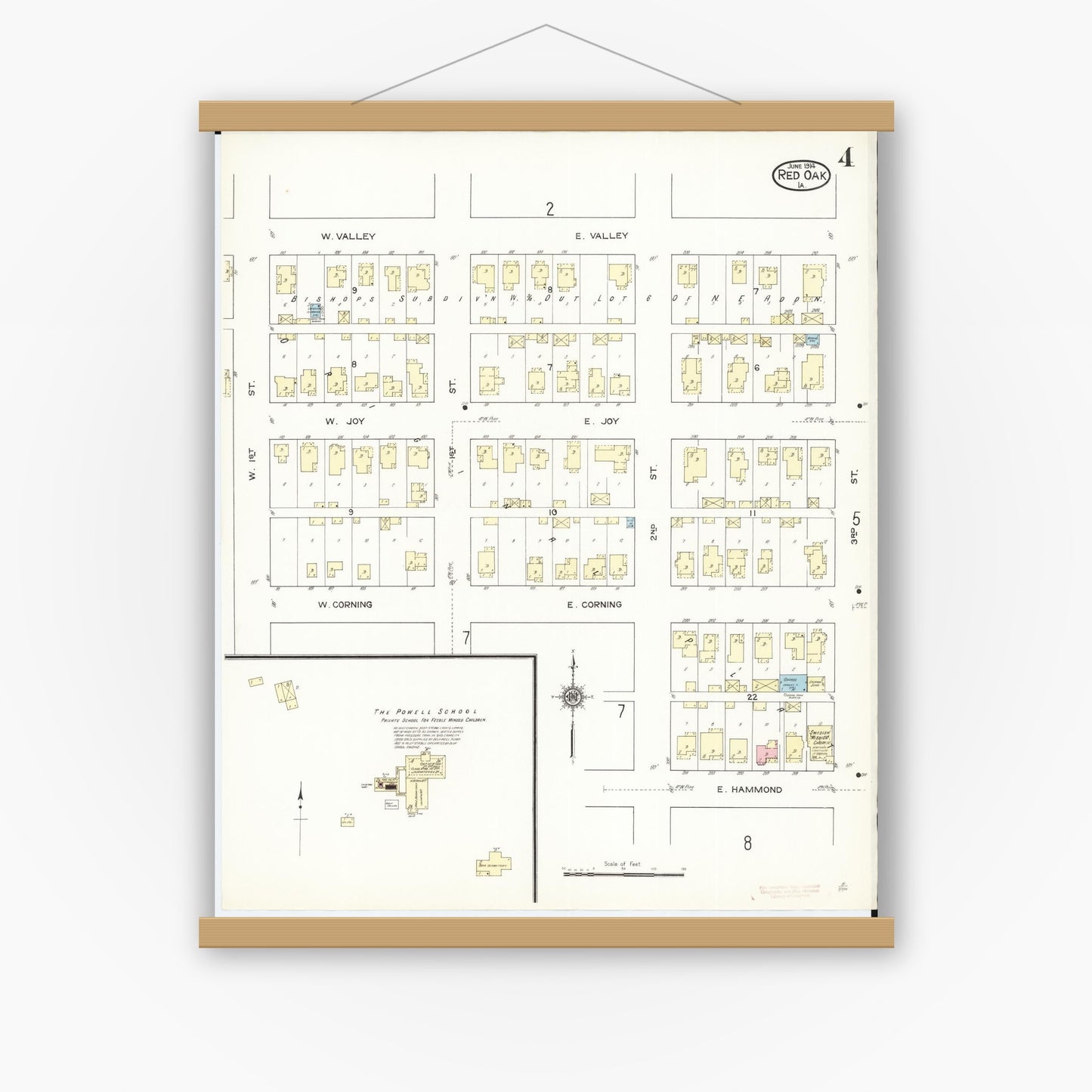 Old map wall art mockup — magnetic wood frame on white wall — Sanborn Fire Insurance Map from Red Oak, Montgomery County, Iowa (1914), Sheet #0004