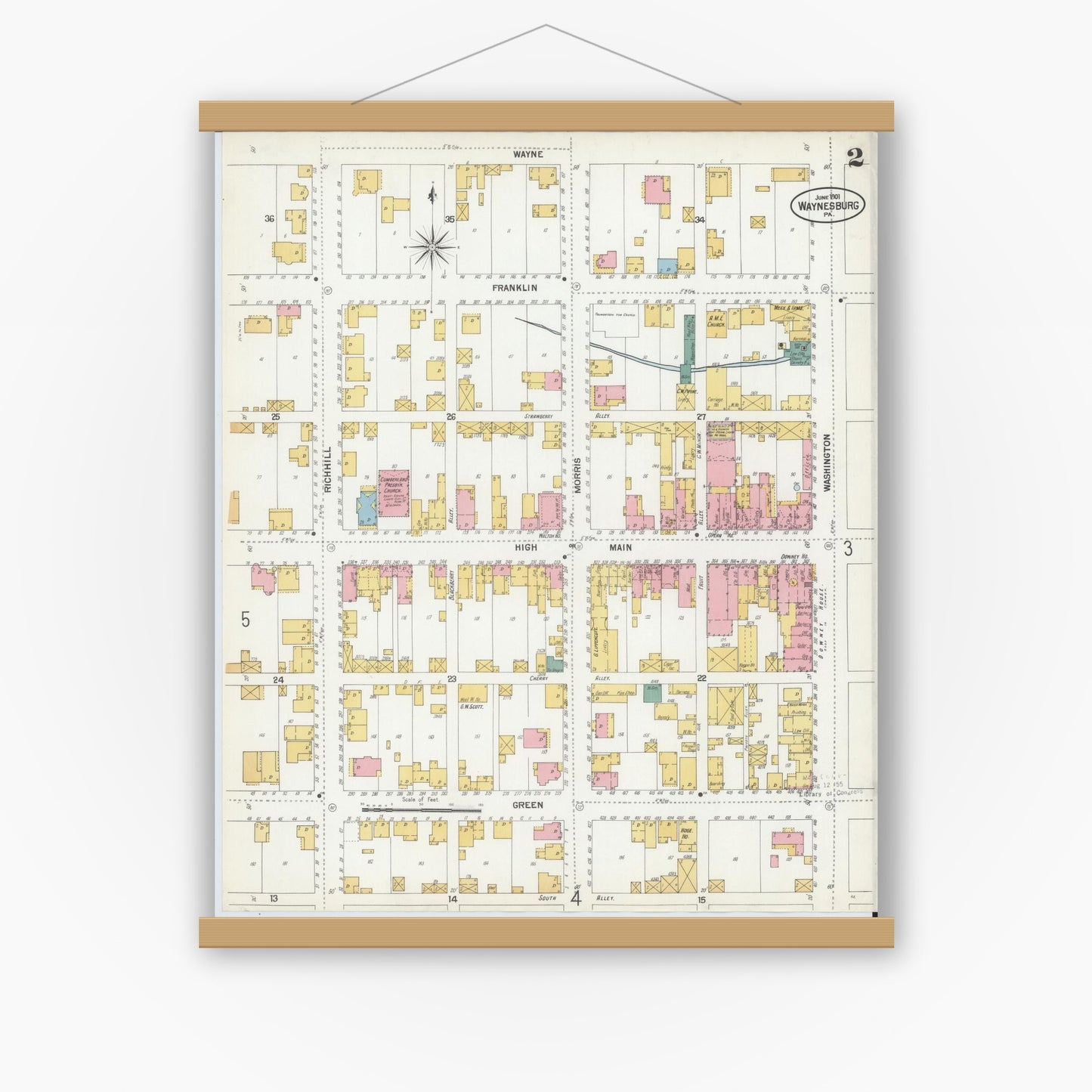Old map wall art mockup — magnetic wood frame on white wall — Sanborn Fire Insurance Map from Waynesburg, Greene County, Pennsylvania (1901), Sheet #0002