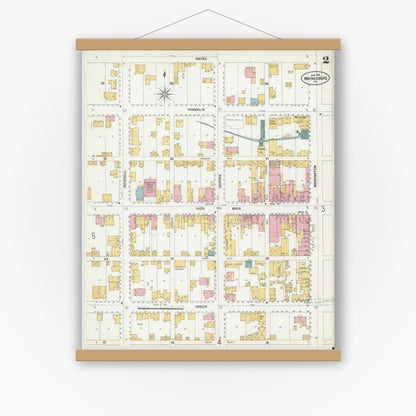 Old map wall art mockup — magnetic wood frame on white wall — Sanborn Fire Insurance Map from Waynesburg, Greene County, Pennsylvania (1901), Sheet #0002
