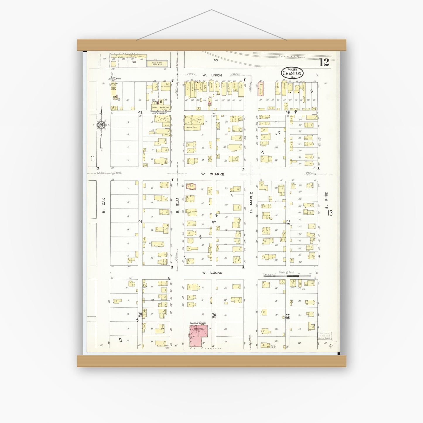 Old map wall art mockup — magnetic wood frame on white wall — Sanborn Fire Insurance Map from Creston, Union County, Iowa (1913), Sheet #0012