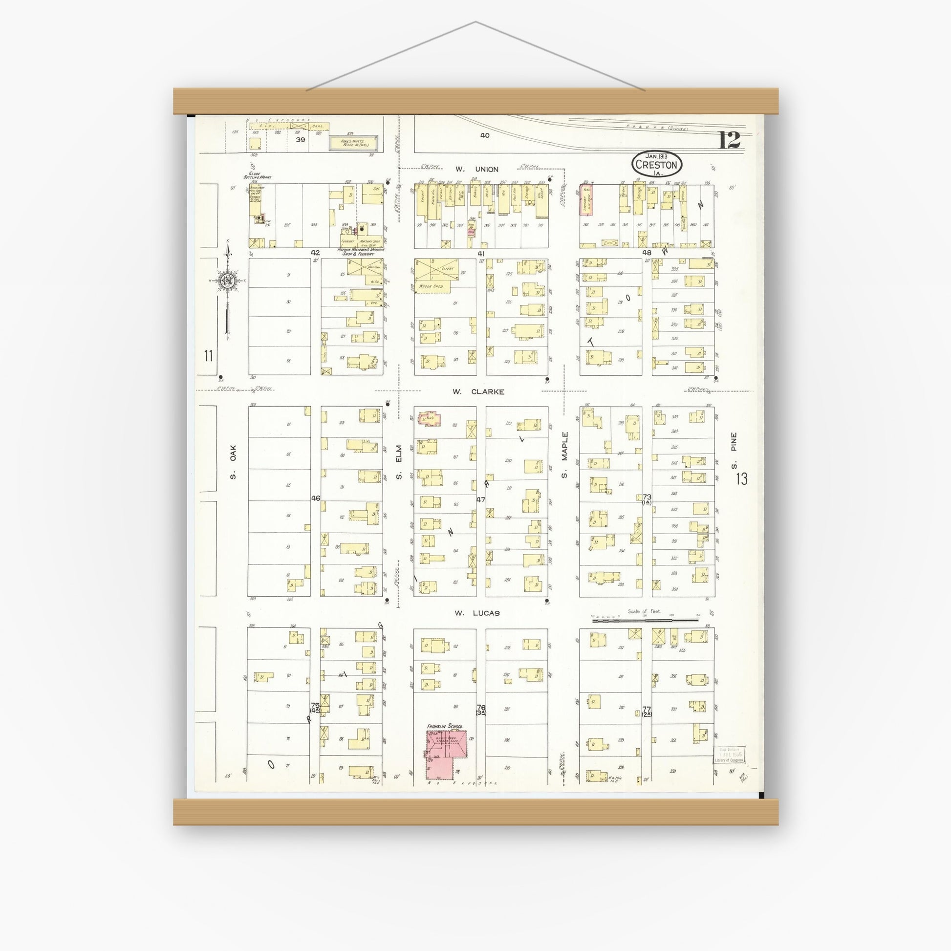 Old map wall art mockup — magnetic wood frame on white wall — Sanborn Fire Insurance Map from Creston, Union County, Iowa (1913), Sheet #0012