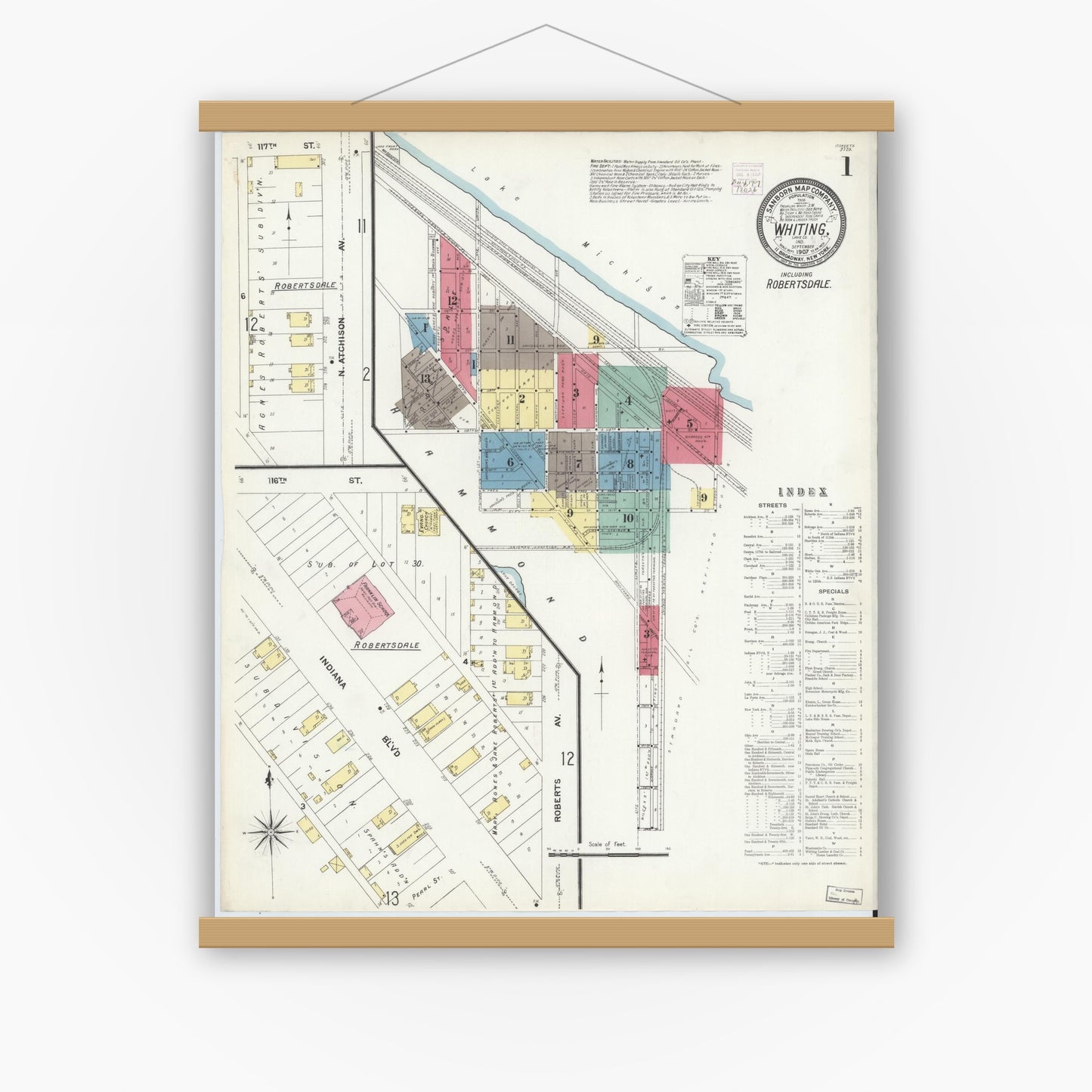 Old map wall art mockup — magnetic wood frame on white wall — Sanborn Fire Insurance Map from Whiting, Lake County, Indiana (1907) - Complete Map Set
