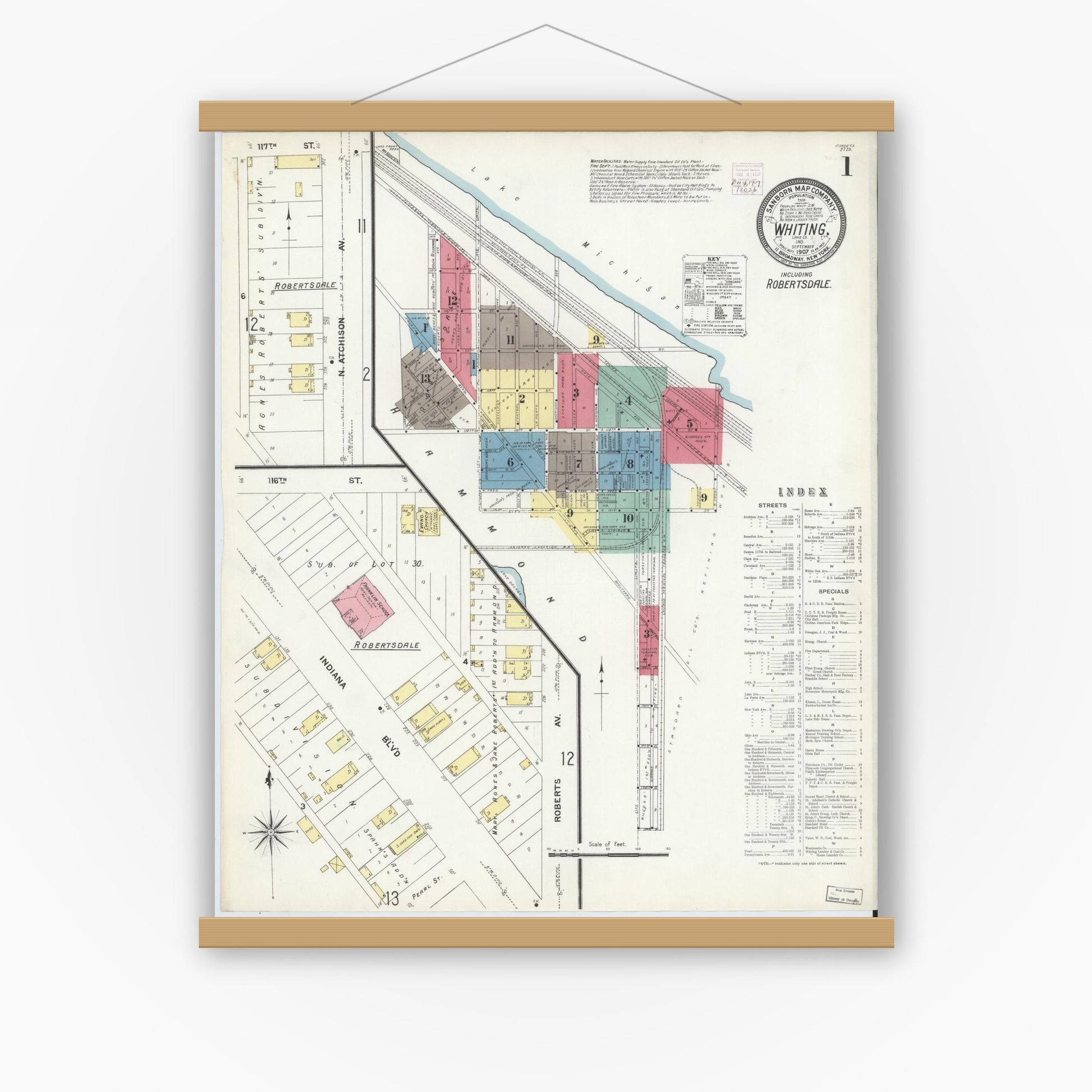 Old map wall art mockup — magnetic wood frame on white wall — Sanborn Fire Insurance Map from Whiting, Lake County, Indiana (1907) - Complete Map Set