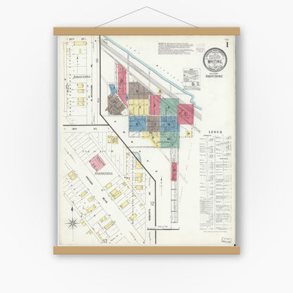 Old map wall art mockup — magnetic wood frame on white wall — Sanborn Fire Insurance Map from Whiting, Lake County, Indiana (1907) - Complete Map Set