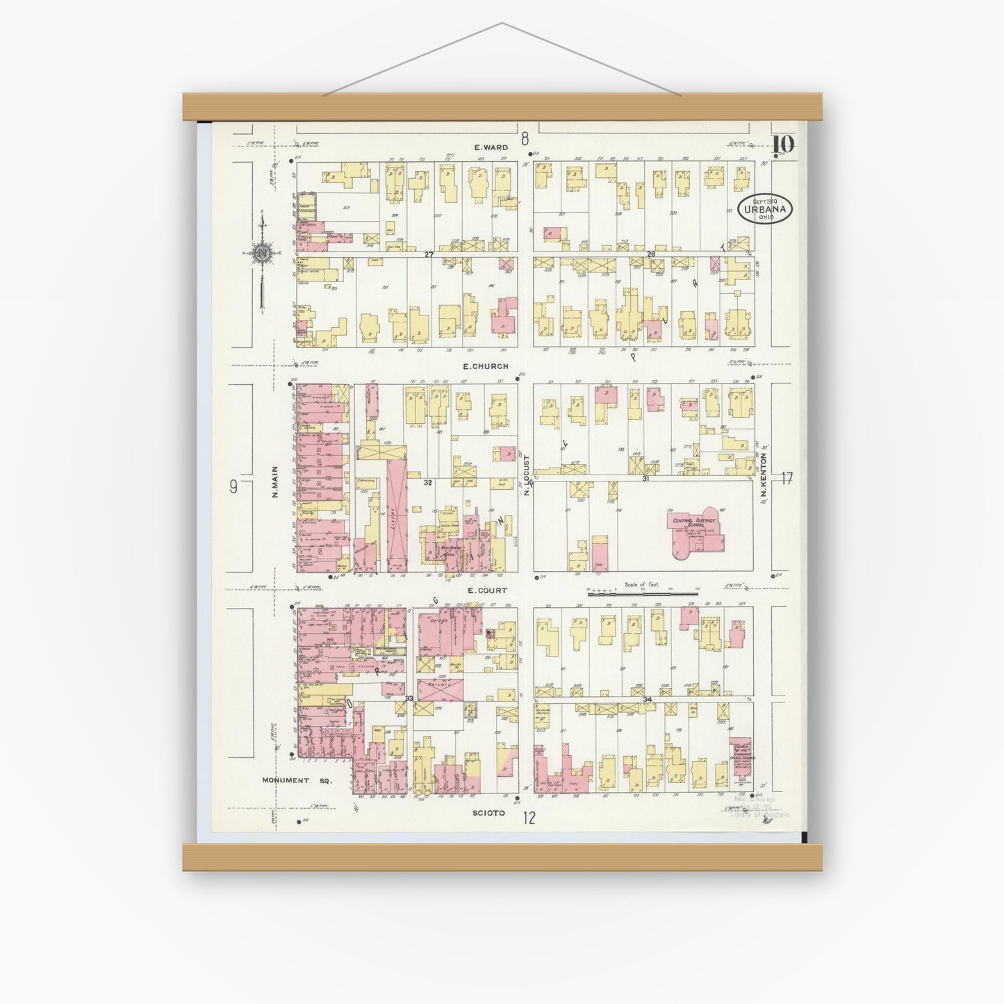 Old map wall art mockup — magnetic wood frame on white wall — Sanborn Fire Insurance Map from Urbana, Champaign County, Ohio (1910), Sheet #0010