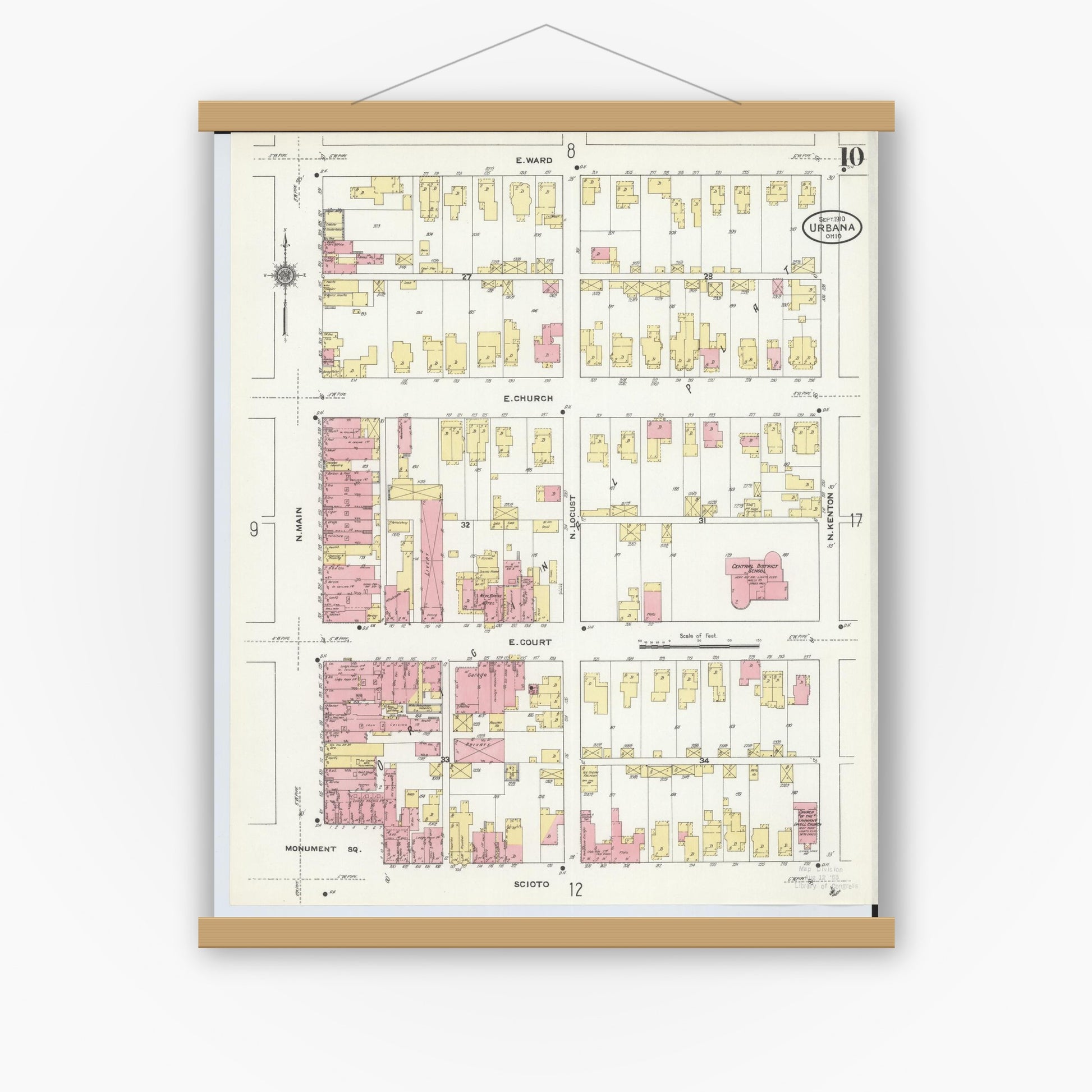 Old map wall art mockup — magnetic wood frame on white wall — Sanborn Fire Insurance Map from Urbana, Champaign County, Ohio (1910), Sheet #0010