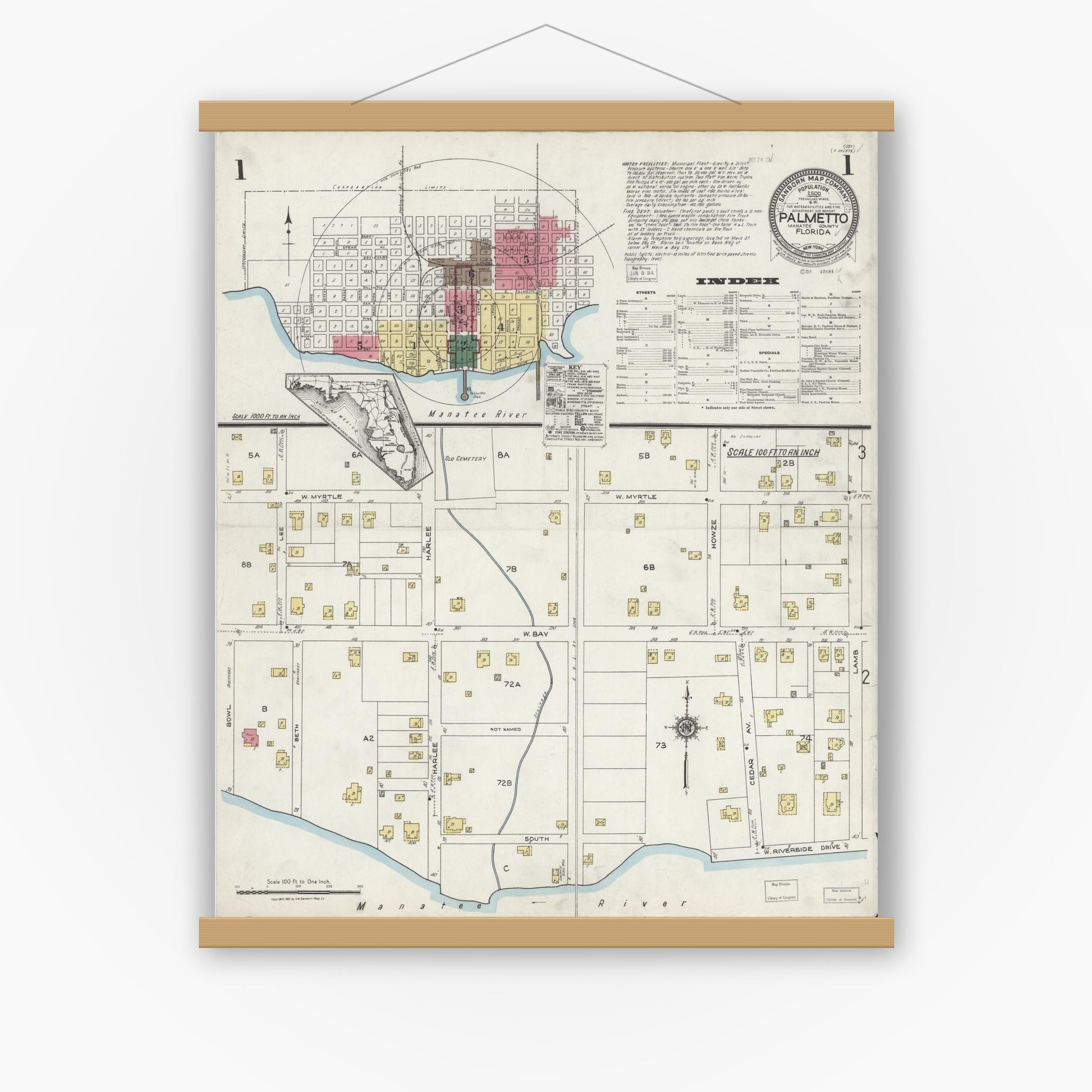 Old map wall art mockup — magnetic wood frame on white wall — Sanborn Fire Insurance Map from Palmetto, Manatee County, Florida (1923) - Complete Map Set
