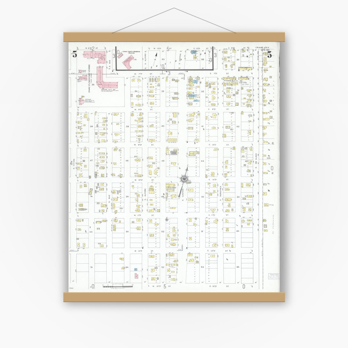 Old map wall art mockup — magnetic wood frame on white wall — Sanborn Fire Insurance Map from Crane, Crane County, Texas (1951), Sheet #0005