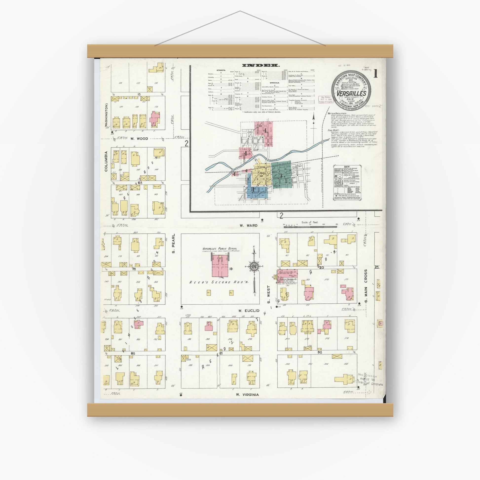 Old map wall art mockup — magnetic wood frame on white wall — Sanborn Fire Insurance Map from Versailles, Darke County, Ohio (1911), Sheet #0001