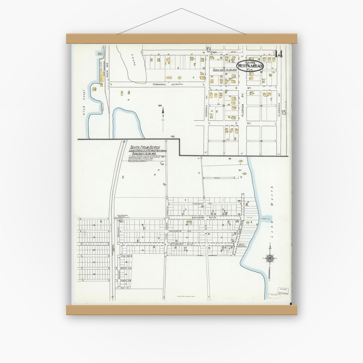 Old map wall art mockup — magnetic wood frame on white wall — Sanborn Fire Insurance Map from West Palm Beach, Dade County, Florida (1920), Sheet #0014