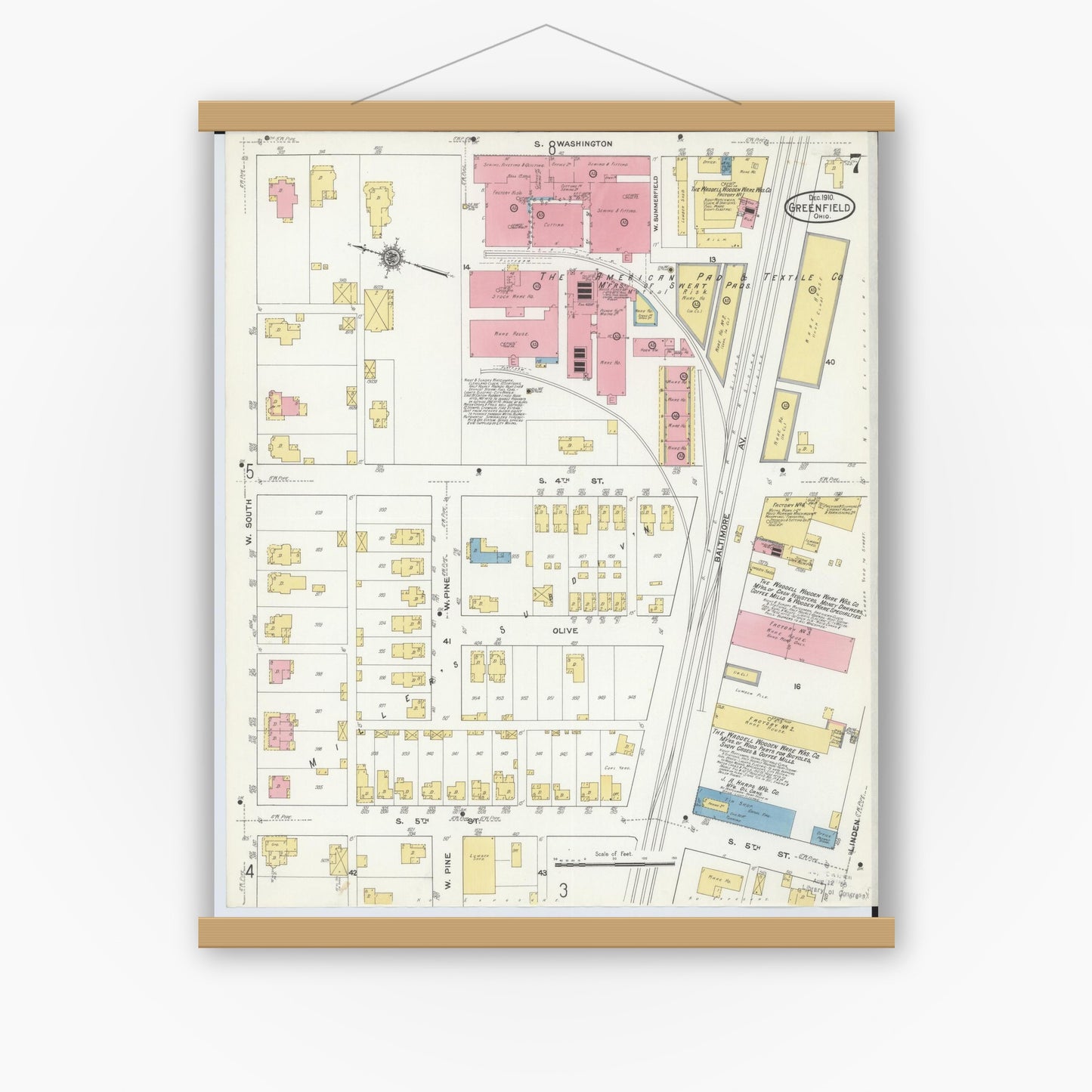 Old map wall art mockup — magnetic wood frame on white wall — Sanborn Fire Insurance Map from Greenfield, Highland County, Ohio (1910), Sheet #0007