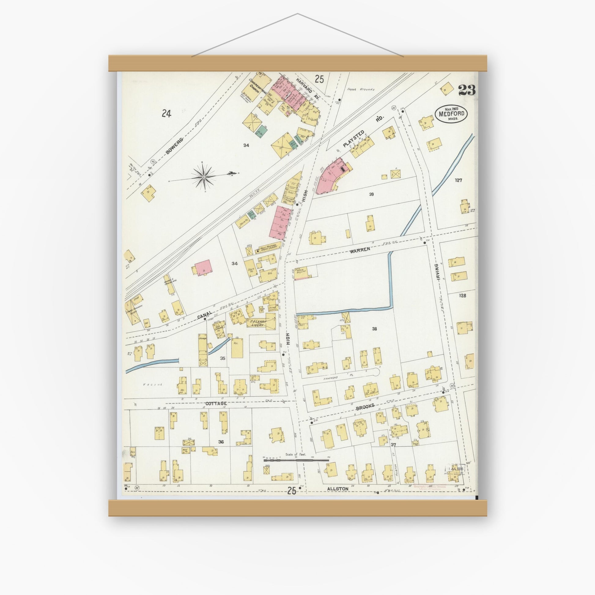 Old map wall art mockup — magnetic wood frame on white wall — Sanborn Fire Insurance Map from Medford, Middlesex County, Massachusetts (1903), Sheet #0023