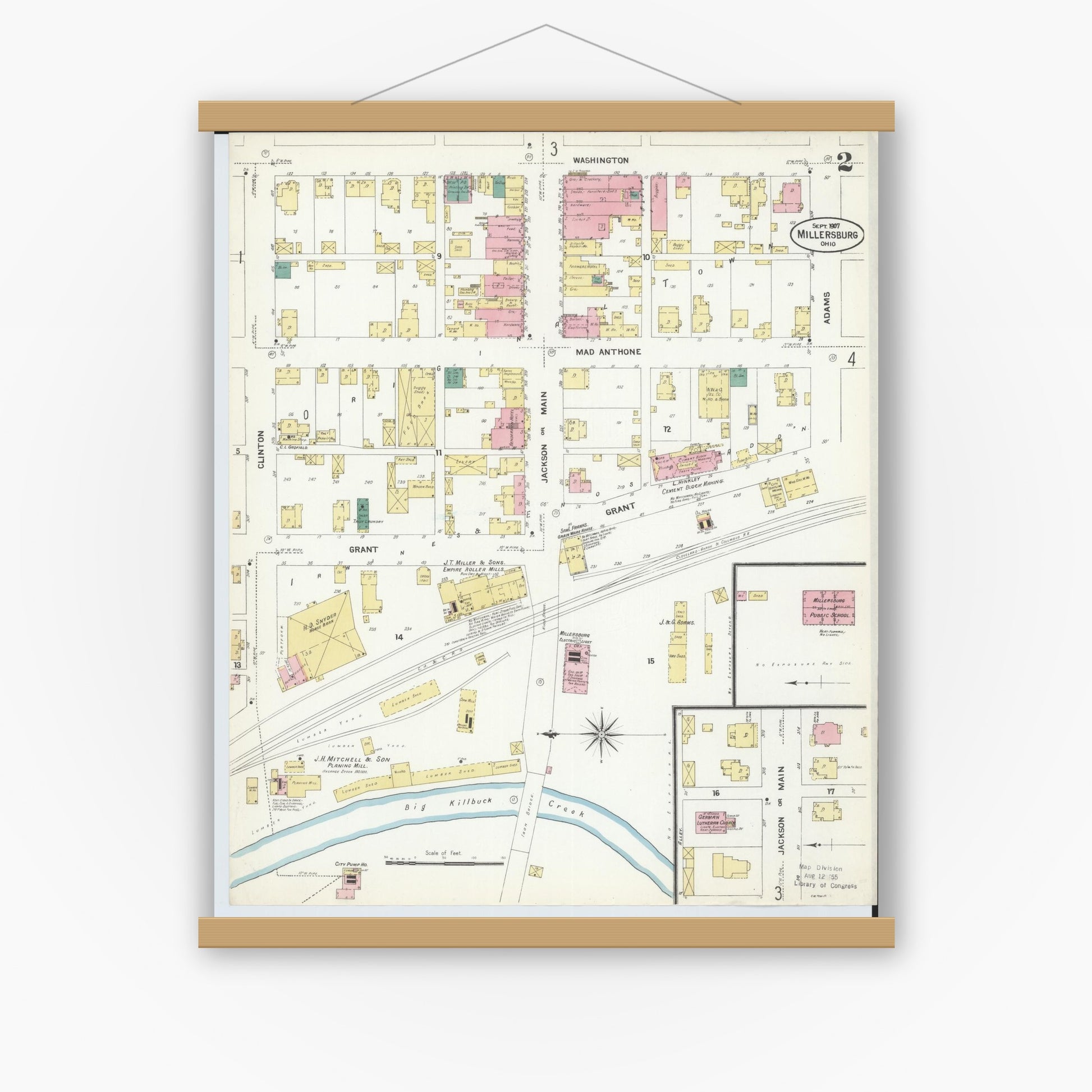 Old map wall art mockup — magnetic wood frame on white wall — Sanborn Fire Insurance Map from Millersburg, Holmes County, Ohio (1907), Sheet #0002