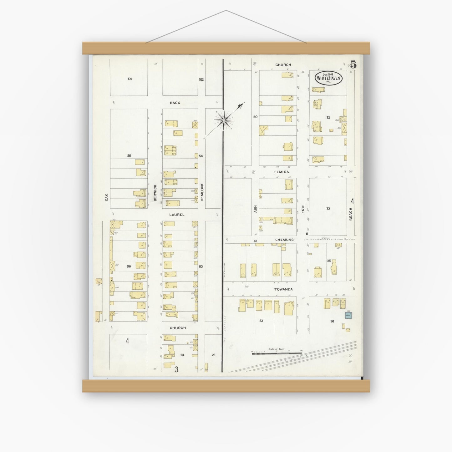 Old map wall art mockup — magnetic wood frame on white wall — Sanborn Fire Insurance Map from White Haven, Luzerne County, Pennsylvania (1908), Sheet #0005