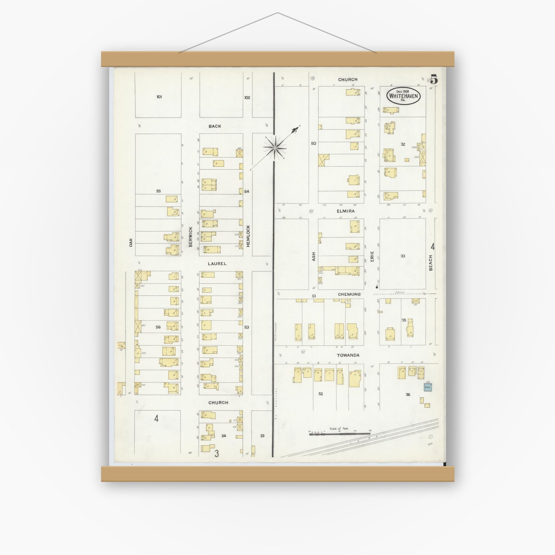Old map wall art mockup — magnetic wood frame on white wall — Sanborn Fire Insurance Map from White Haven, Luzerne County, Pennsylvania (1908), Sheet #0005