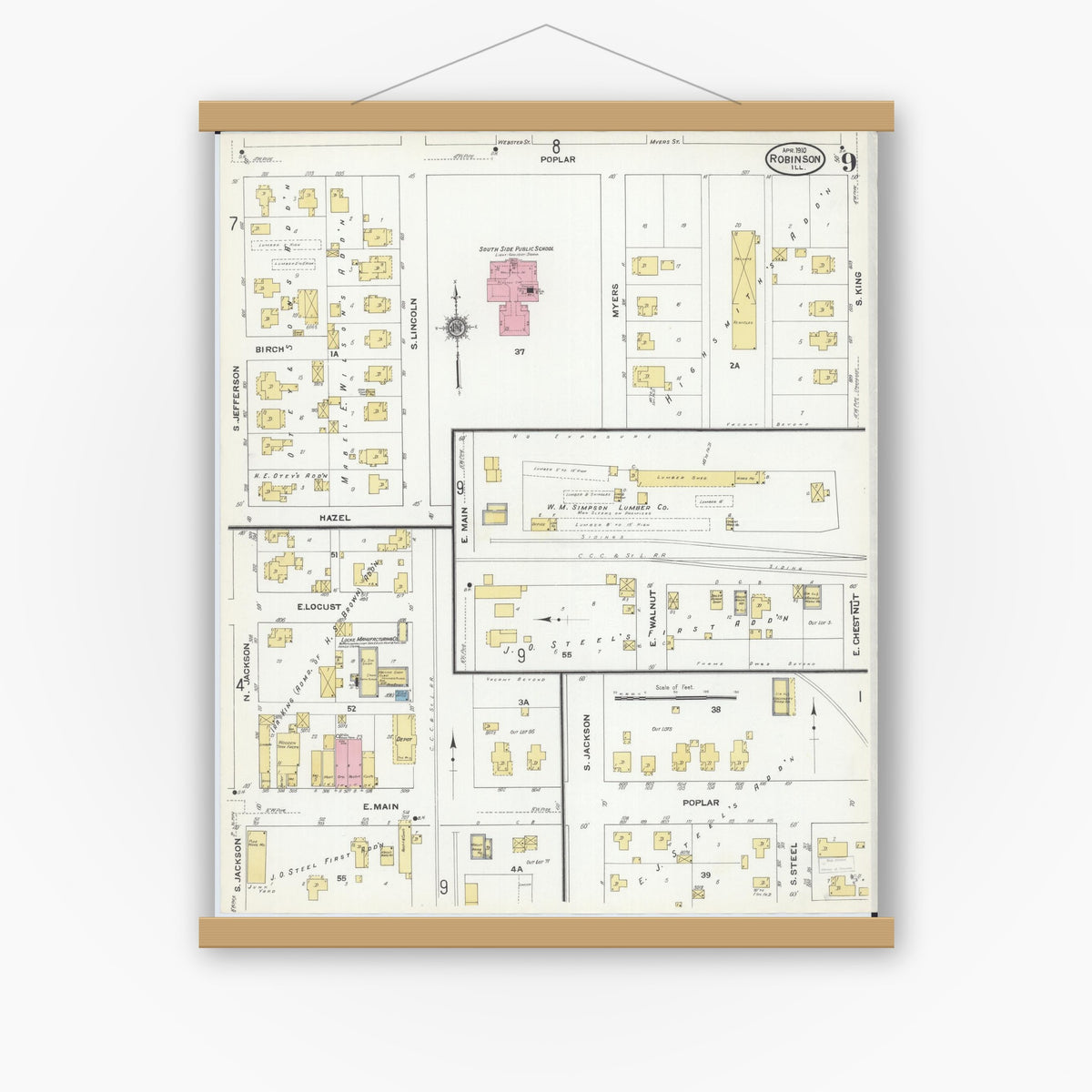 Old map wall art mockup — magnetic wood frame on white wall — Sanborn Fire Insurance Map from Robinson, Crawford County, Illinois (1910), Sheet #0009