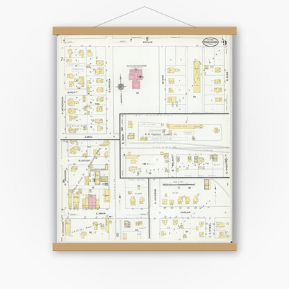 Old map wall art mockup — magnetic wood frame on white wall — Sanborn Fire Insurance Map from Robinson, Crawford County, Illinois (1910), Sheet #0009