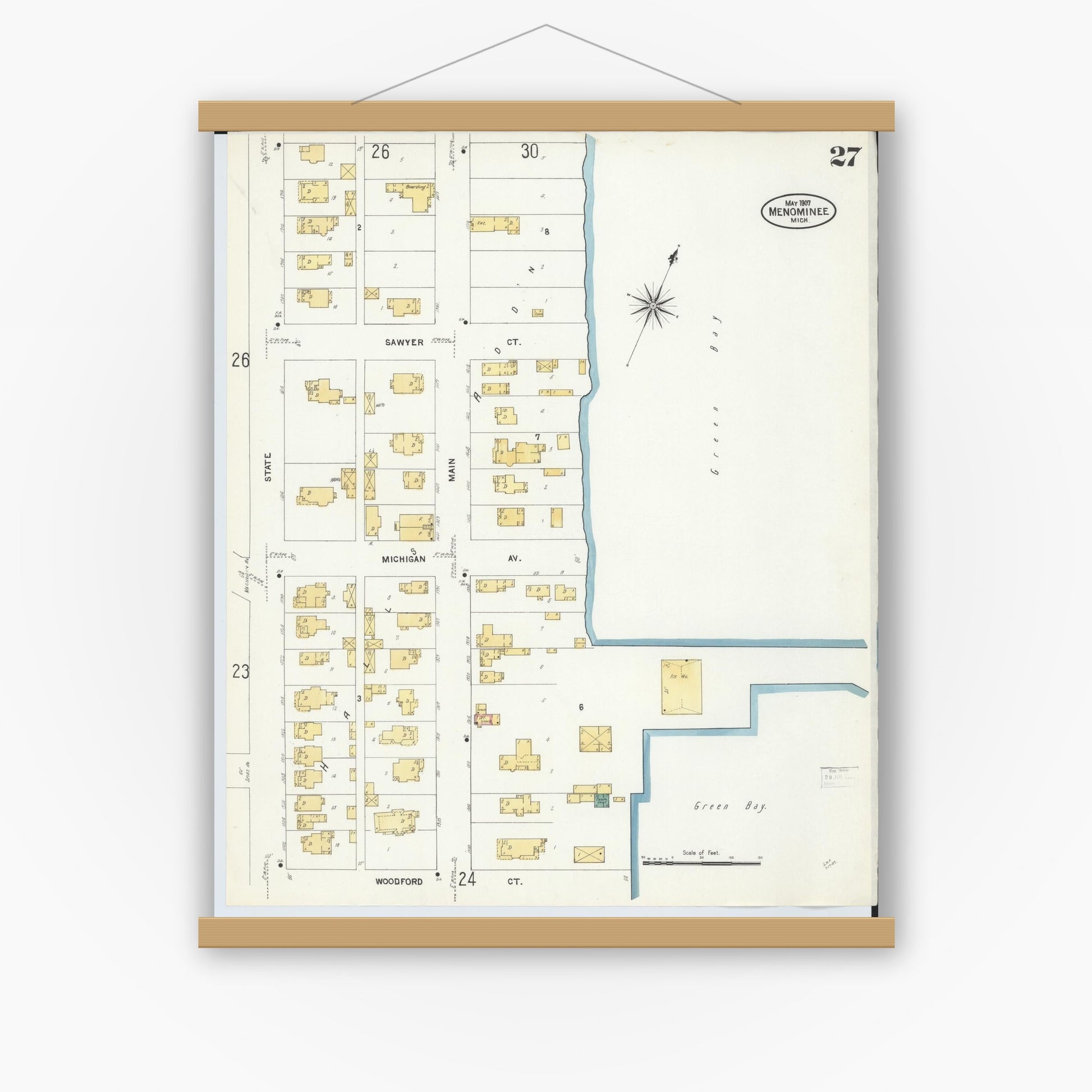 Old map wall art mockup — magnetic wood frame on white wall — Sanborn Fire Insurance Map from Menominee, Menominee County, Michigan (1907), Sheet #0027