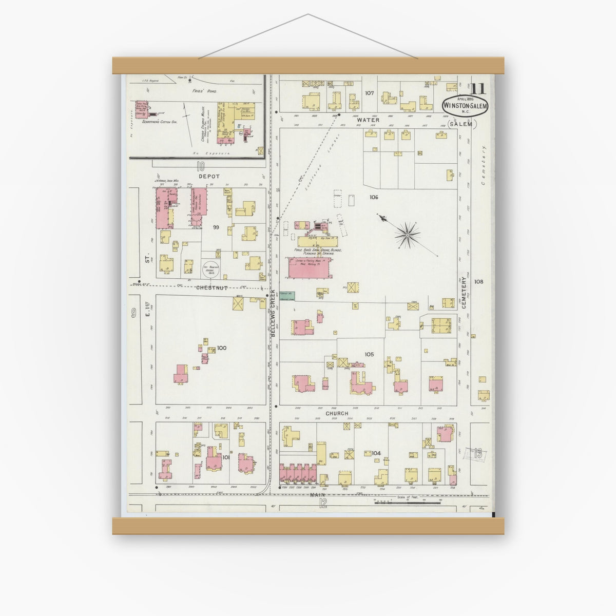 Old map wall art mockup — magnetic wood frame on white wall — Sanborn Fire Insurance Map from Winston-Salem, Forsyth County, North Carolina (1895), Sheet #0011