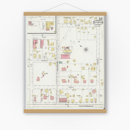 Old map wall art mockup — magnetic wood frame on white wall — Sanborn Fire Insurance Map from Winston-Salem, Forsyth County, North Carolina (1895), Sheet #0011