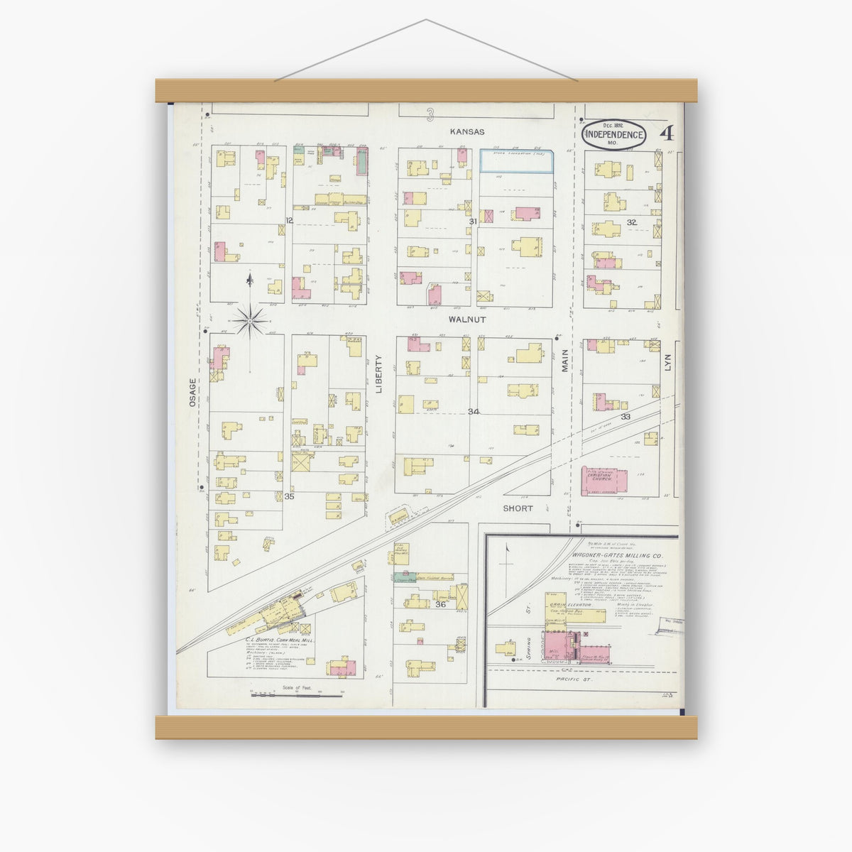 Old map wall art mockup — magnetic wood frame on white wall — Sanborn Fire Insurance Map from Independence, Jackson County, Missouri (1892), Sheet #0004