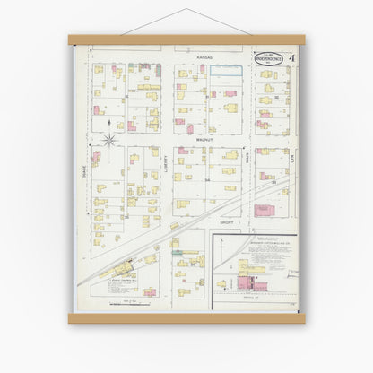Old map wall art mockup — magnetic wood frame on white wall — Sanborn Fire Insurance Map from Independence, Jackson County, Missouri (1892), Sheet #0004