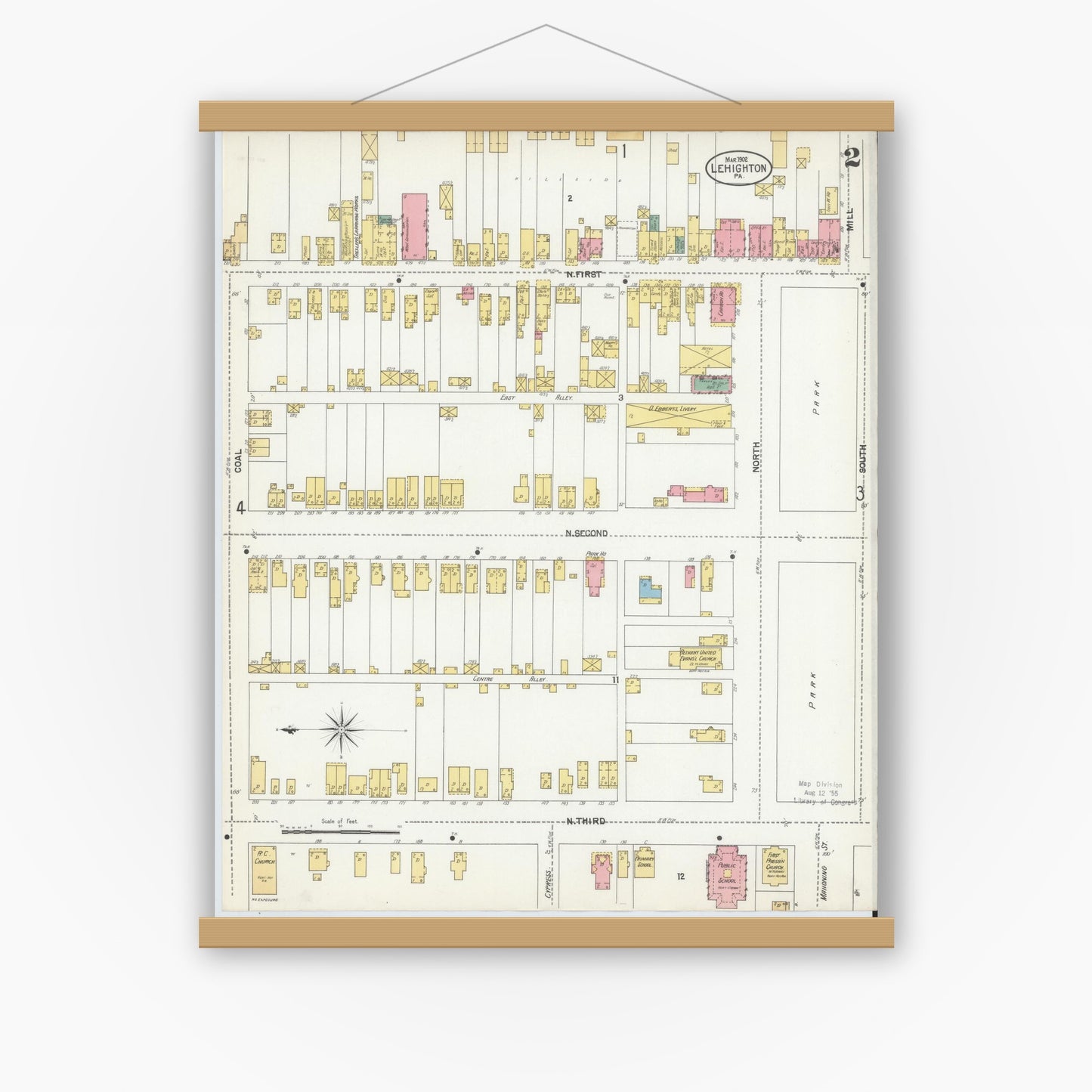 Old map wall art mockup — magnetic wood frame on white wall — Sanborn Fire Insurance Map from Lehighton, Carbon County, Pennsylvania (1902), Sheet #0002