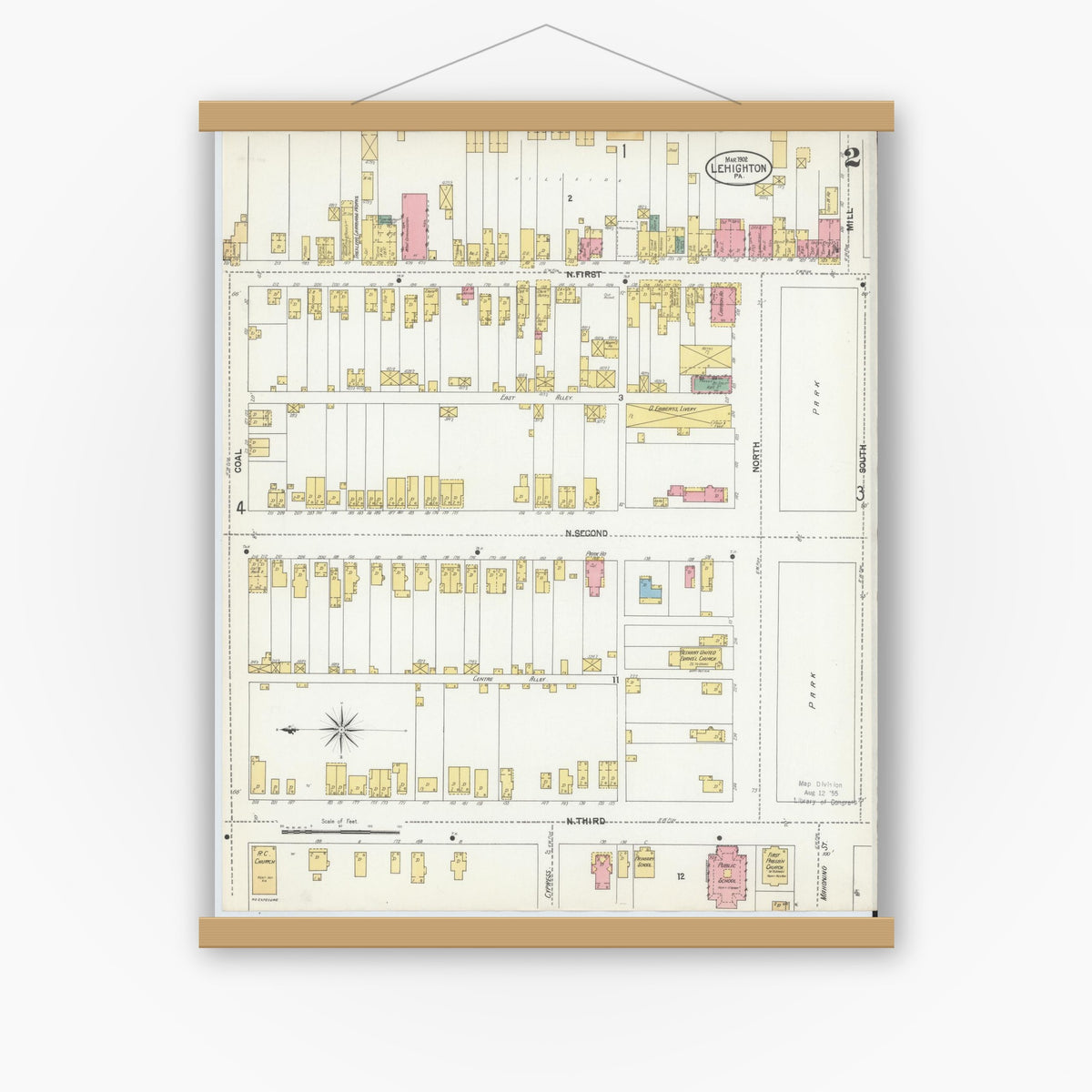 Old map wall art mockup — magnetic wood frame on white wall — Sanborn Fire Insurance Map from Lehighton, Carbon County, Pennsylvania (1902), Sheet #0002