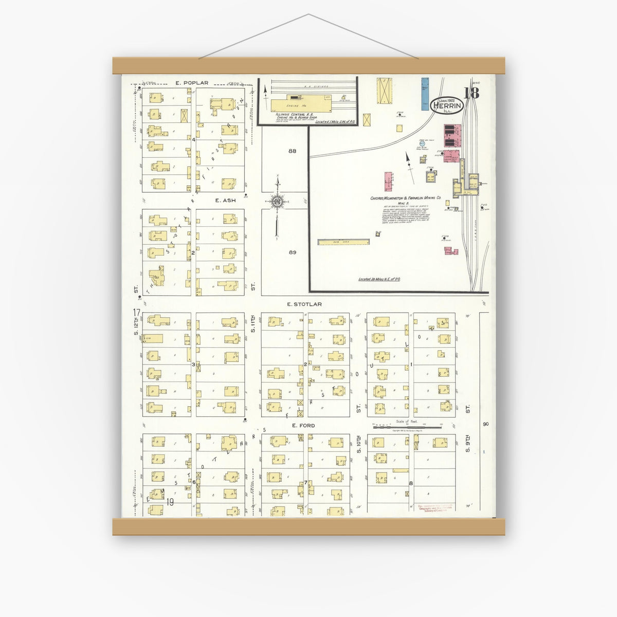 Old map wall art mockup — magnetic wood frame on white wall — Sanborn Fire Insurance Map from Herrin, Williamson County, Illinois (1922), Sheet #0018