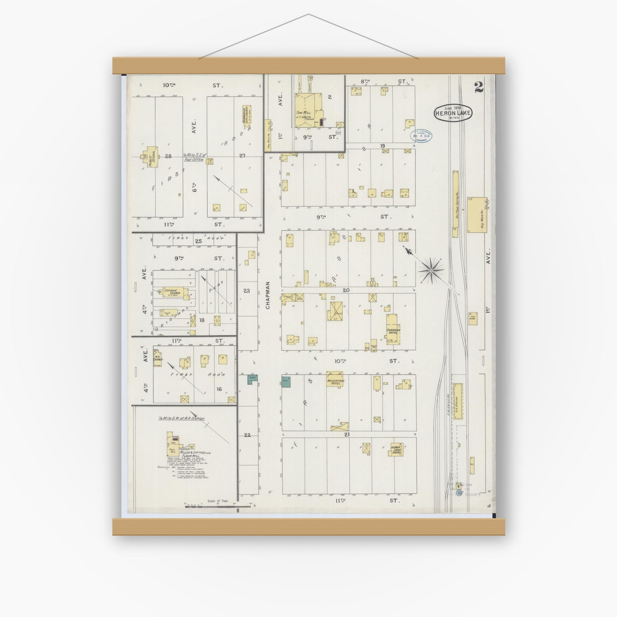 Old map wall art mockup — magnetic wood frame on white wall — Sanborn Fire Insurance Map from Heron Lake, Jackson County, Minnesota (1894), Sheet #0002