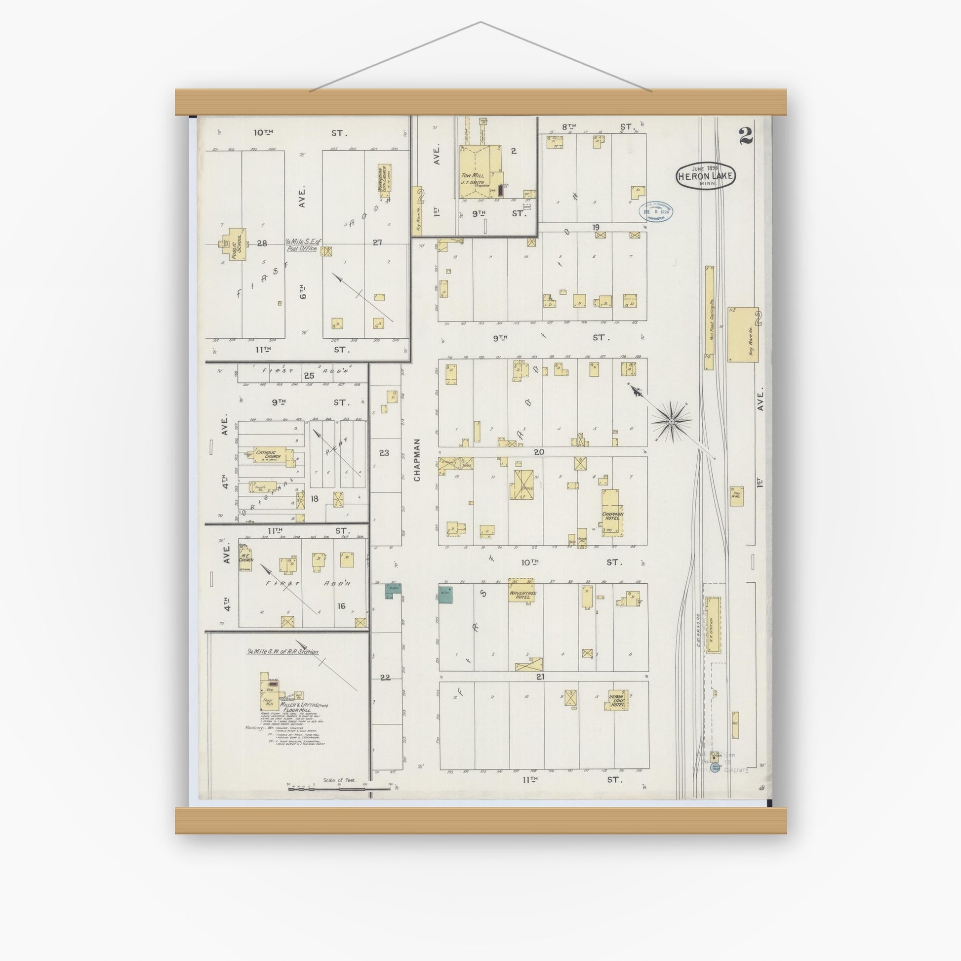 Old map wall art mockup — magnetic wood frame on white wall — Sanborn Fire Insurance Map from Heron Lake, Jackson County, Minnesota (1894), Sheet #0002
