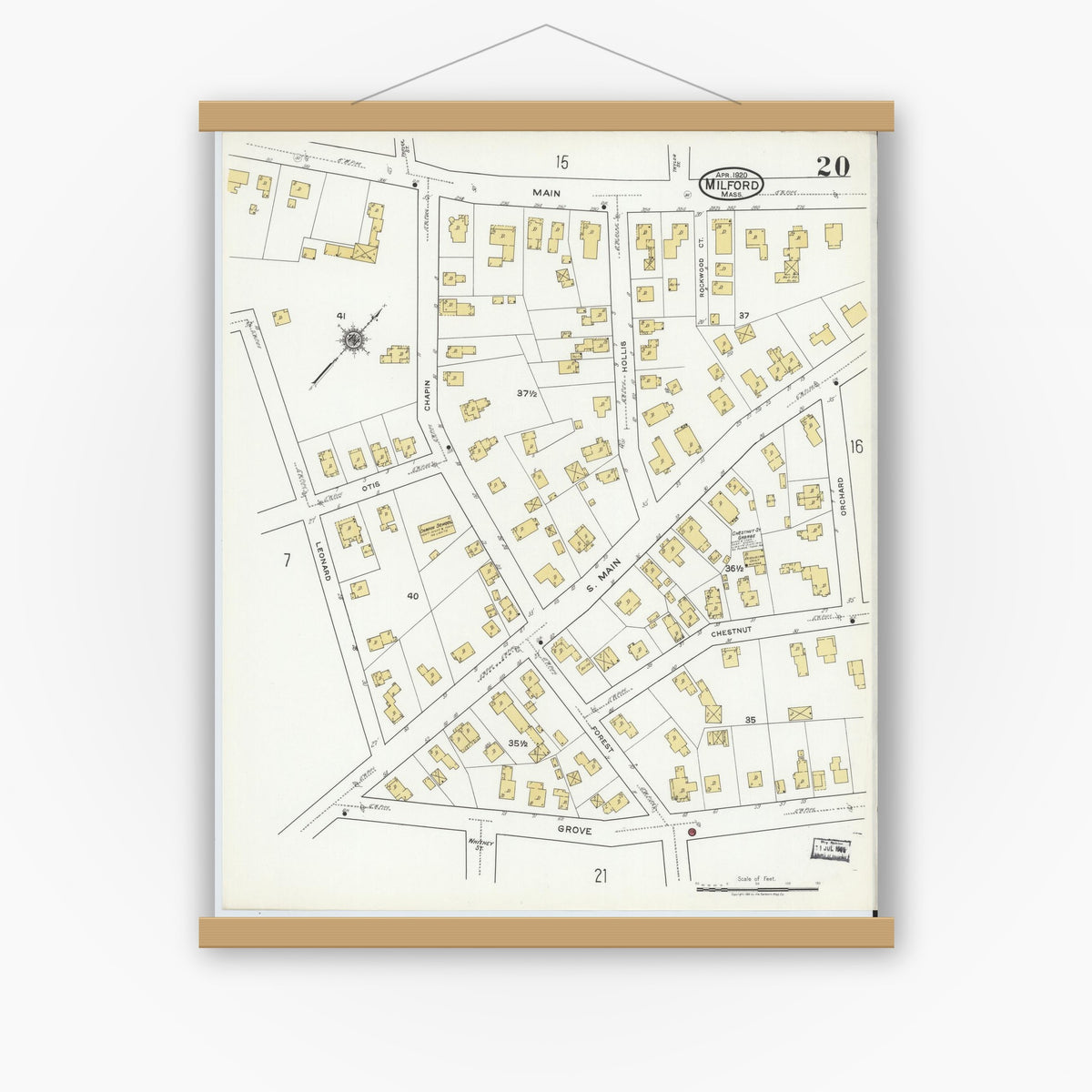 Old map wall art mockup — magnetic wood frame on white wall — Sanborn Fire Insurance Map from Milford, Worcester County, Massachusetts (1920), Sheet #0020