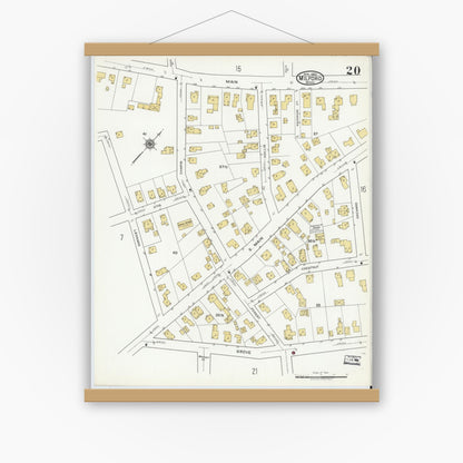 Old map wall art mockup — magnetic wood frame on white wall — Sanborn Fire Insurance Map from Milford, Worcester County, Massachusetts (1920), Sheet #0020