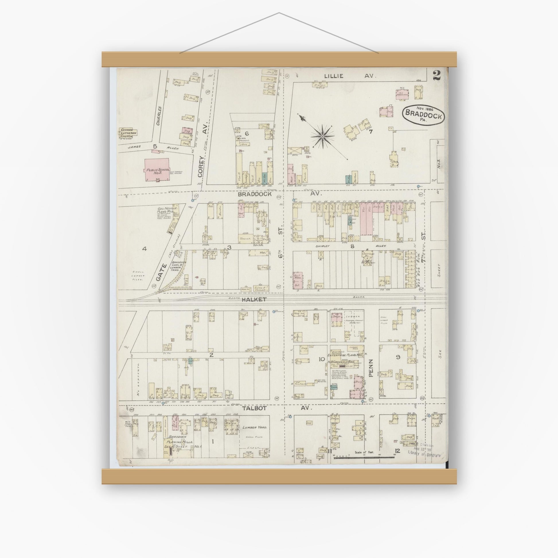 Old map wall art mockup — magnetic wood frame on white wall — Sanborn Fire Insurance Map from Braddock, Allegheny County, Pennsylvania (1886), Sheet #0002