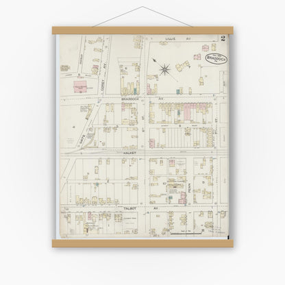 Old map wall art mockup — magnetic wood frame on white wall — Sanborn Fire Insurance Map from Braddock, Allegheny County, Pennsylvania (1886), Sheet #0002