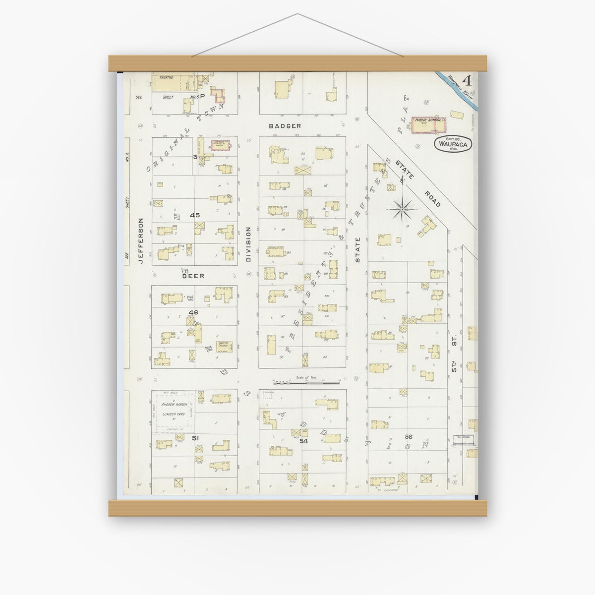 Old map wall art mockup — magnetic wood frame on white wall — Sanborn Fire Insurance Map from Waupaca, Waupaca County, Wisconsin (1891), Sheet #0004