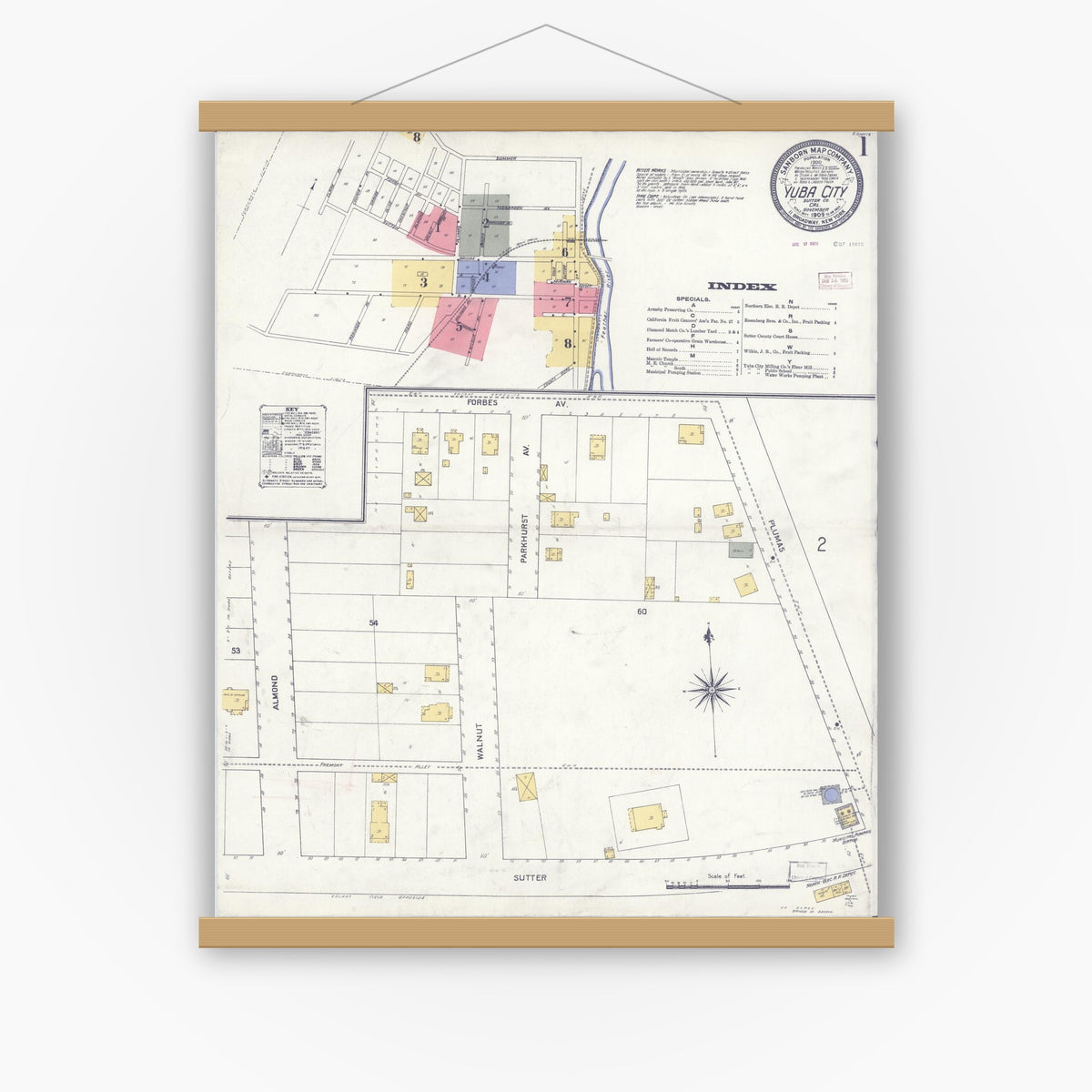 Old map wall art mockup — magnetic wood frame on white wall — Sanborn Fire Insurance Map from Yuba City, Sutter County, California (1909) - Complete Map Set