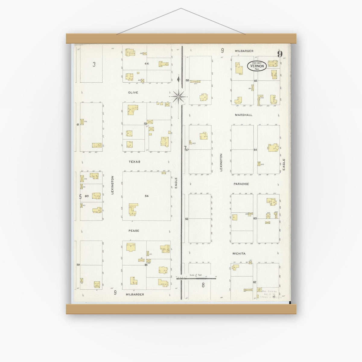 Old map wall art mockup — magnetic wood frame on white wall — Sanborn Fire Insurance Map from Vernon, Wilbarger County, Texas (1907), Sheet #0009