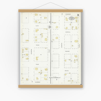 Old map wall art mockup — magnetic wood frame on white wall — Sanborn Fire Insurance Map from Vernon, Wilbarger County, Texas (1907), Sheet #0009
