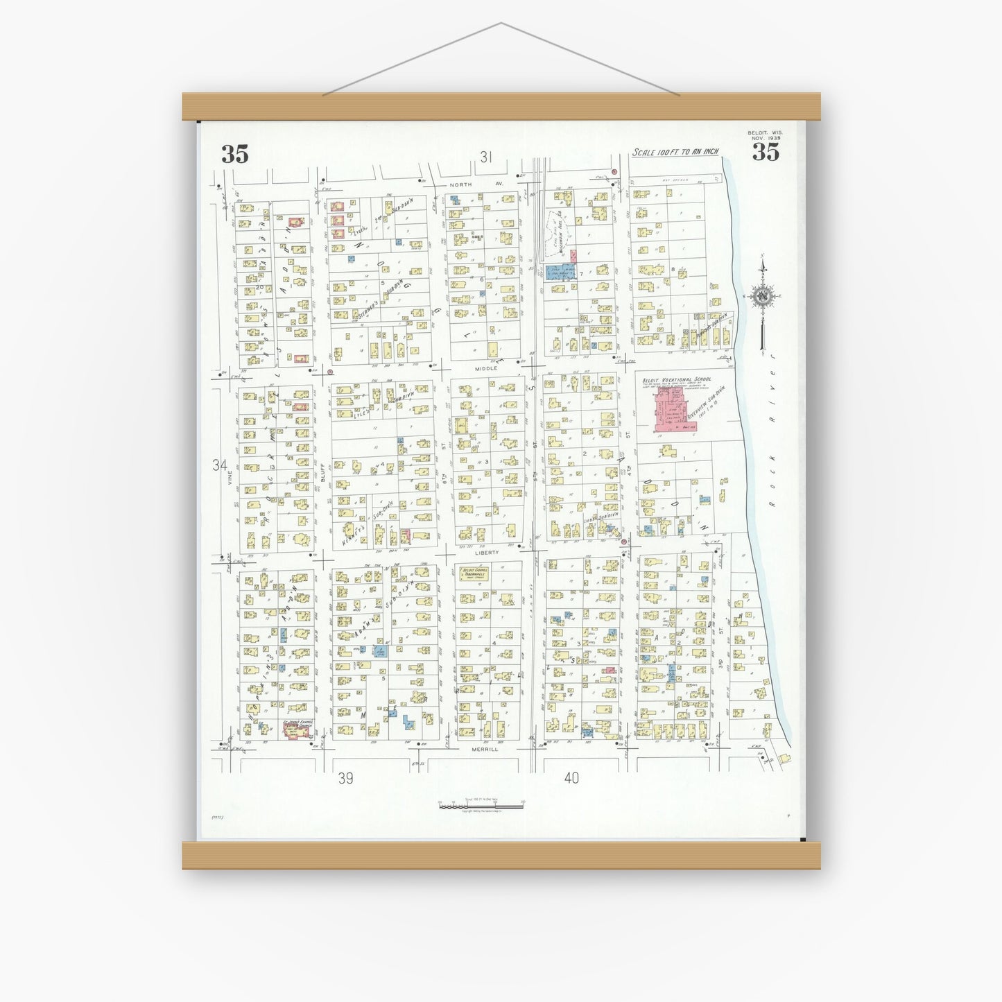 Old map wall art mockup — magnetic wood frame on white wall — Sanborn Fire Insurance Map from Beloit, Rock County, Wisconsin (1939), Sheet #0035