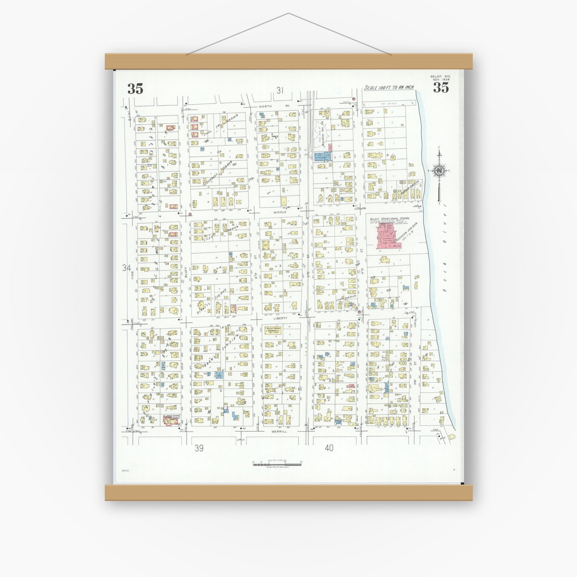 Old map wall art mockup — magnetic wood frame on white wall — Sanborn Fire Insurance Map from Beloit, Rock County, Wisconsin (1939), Sheet #0035