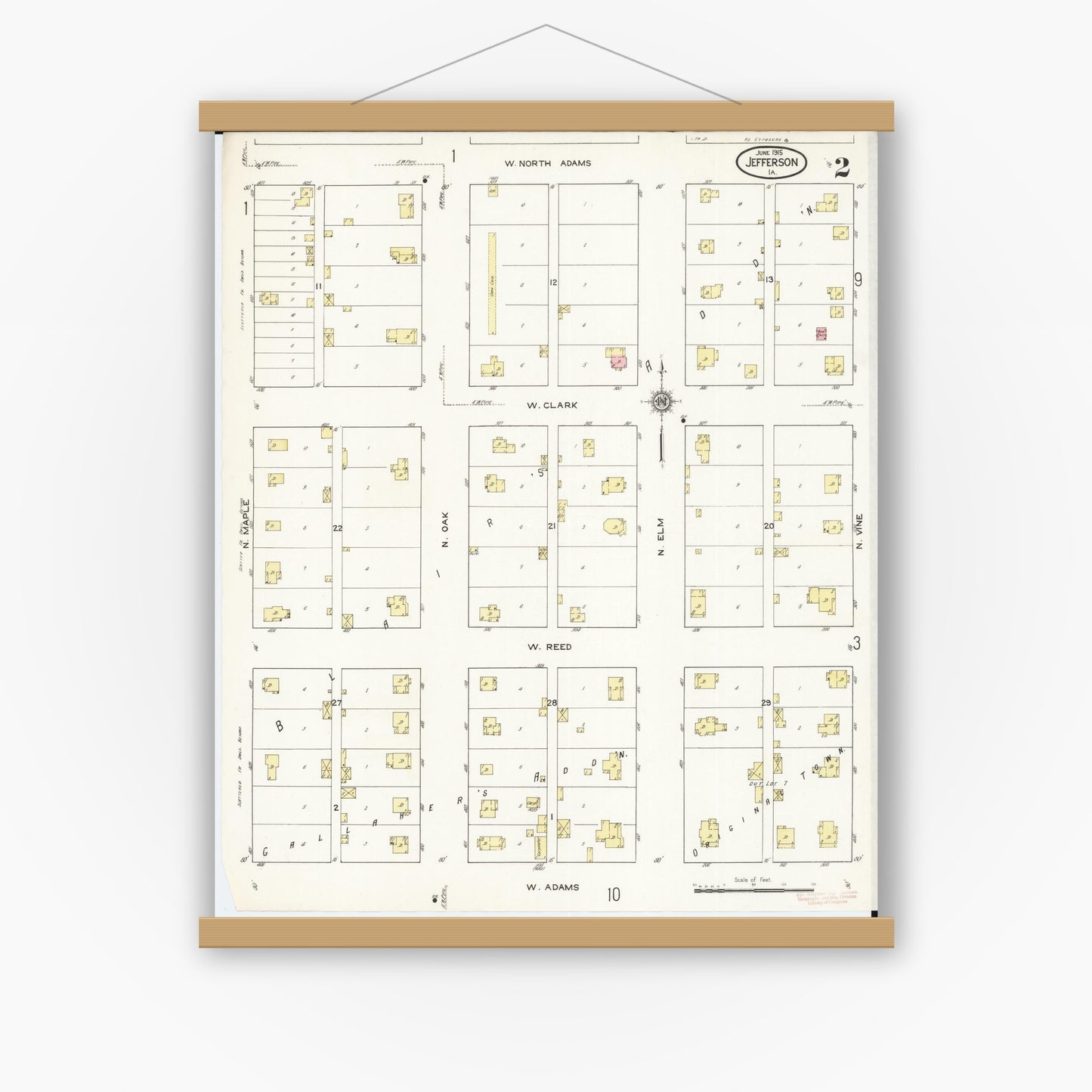Old map wall art mockup — magnetic wood frame on white wall — Sanborn Fire Insurance Map from Jefferson, Greene County, Iowa (1915), Sheet #0002