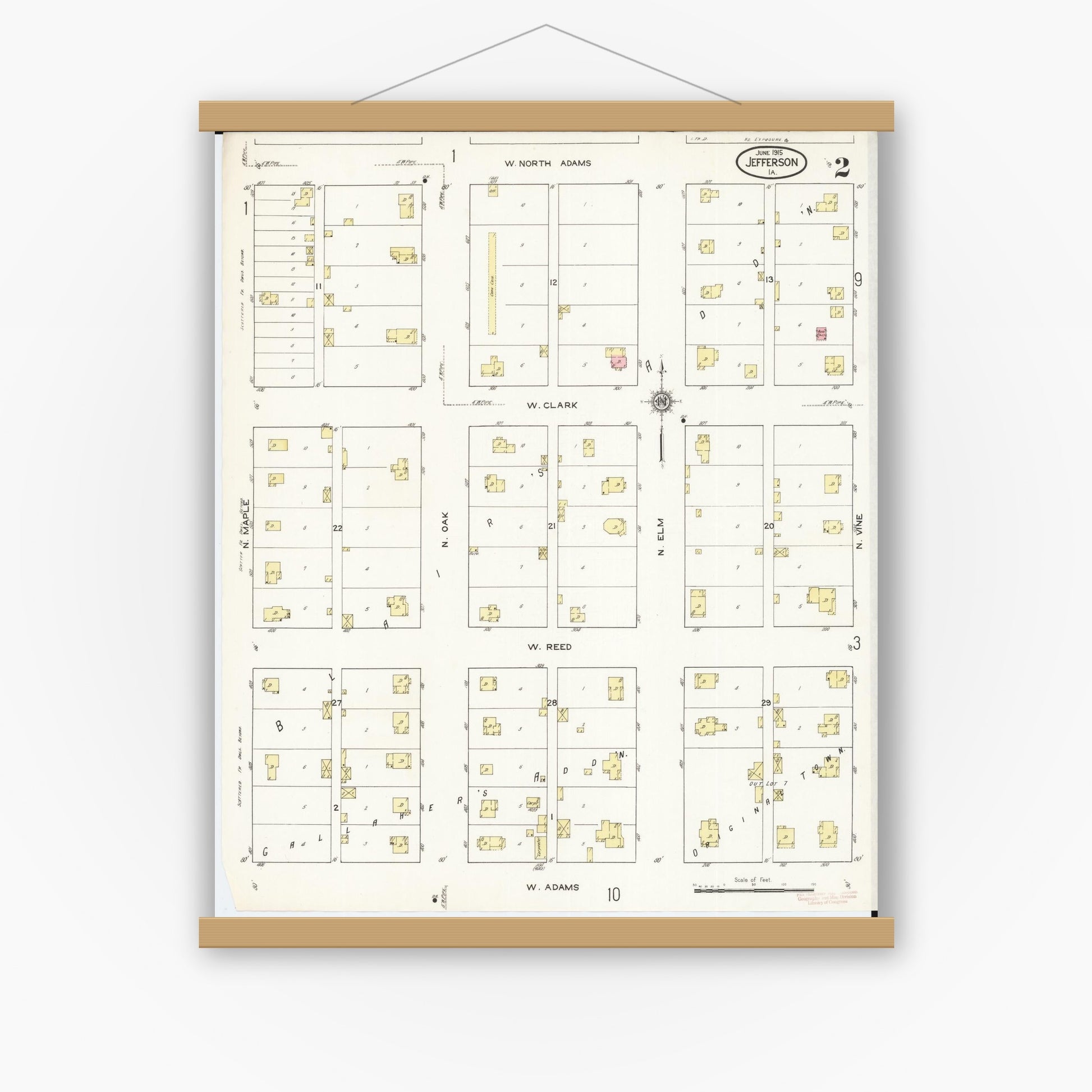 Old map wall art mockup — magnetic wood frame on white wall — Sanborn Fire Insurance Map from Jefferson, Greene County, Iowa (1915), Sheet #0002