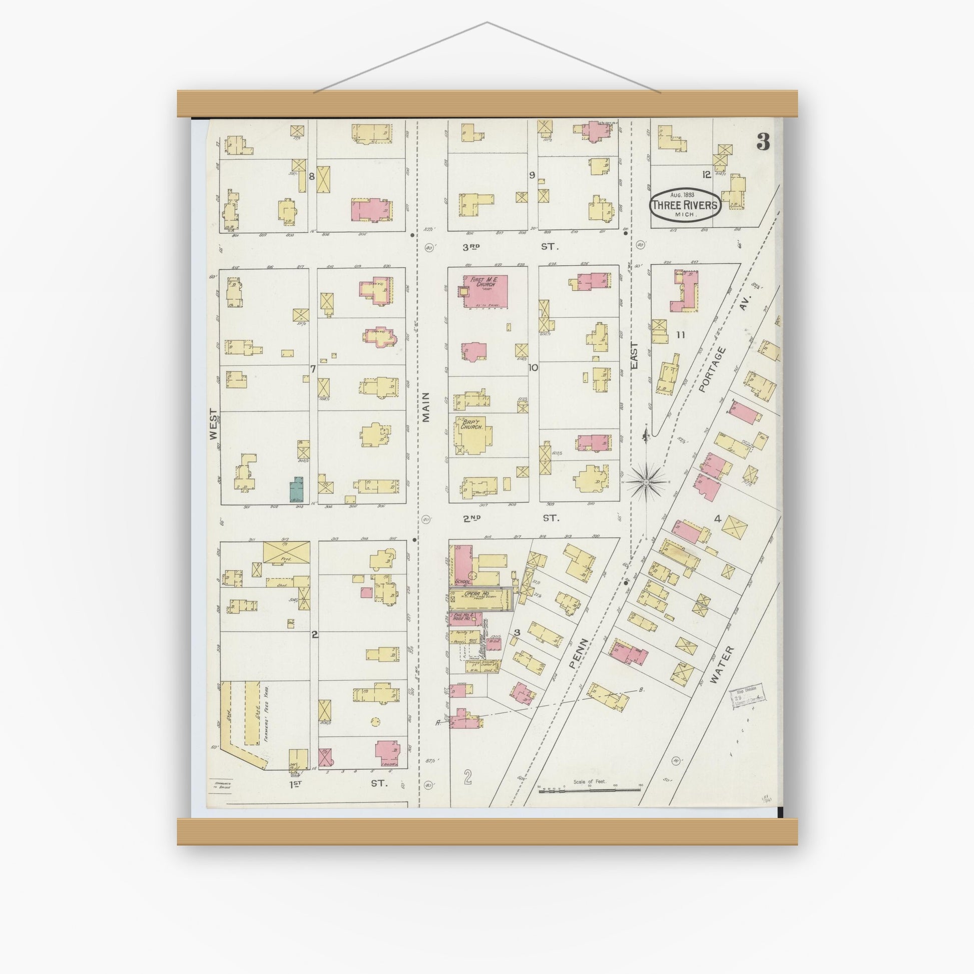 Old map wall art mockup — magnetic wood frame on white wall — Sanborn Fire Insurance Map from Three Rivers, Saint Joseph County, Michigan (1893), Sheet #0003