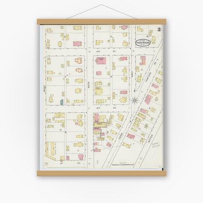 Old map wall art mockup — magnetic wood frame on white wall — Sanborn Fire Insurance Map from Three Rivers, Saint Joseph County, Michigan (1893), Sheet #0003