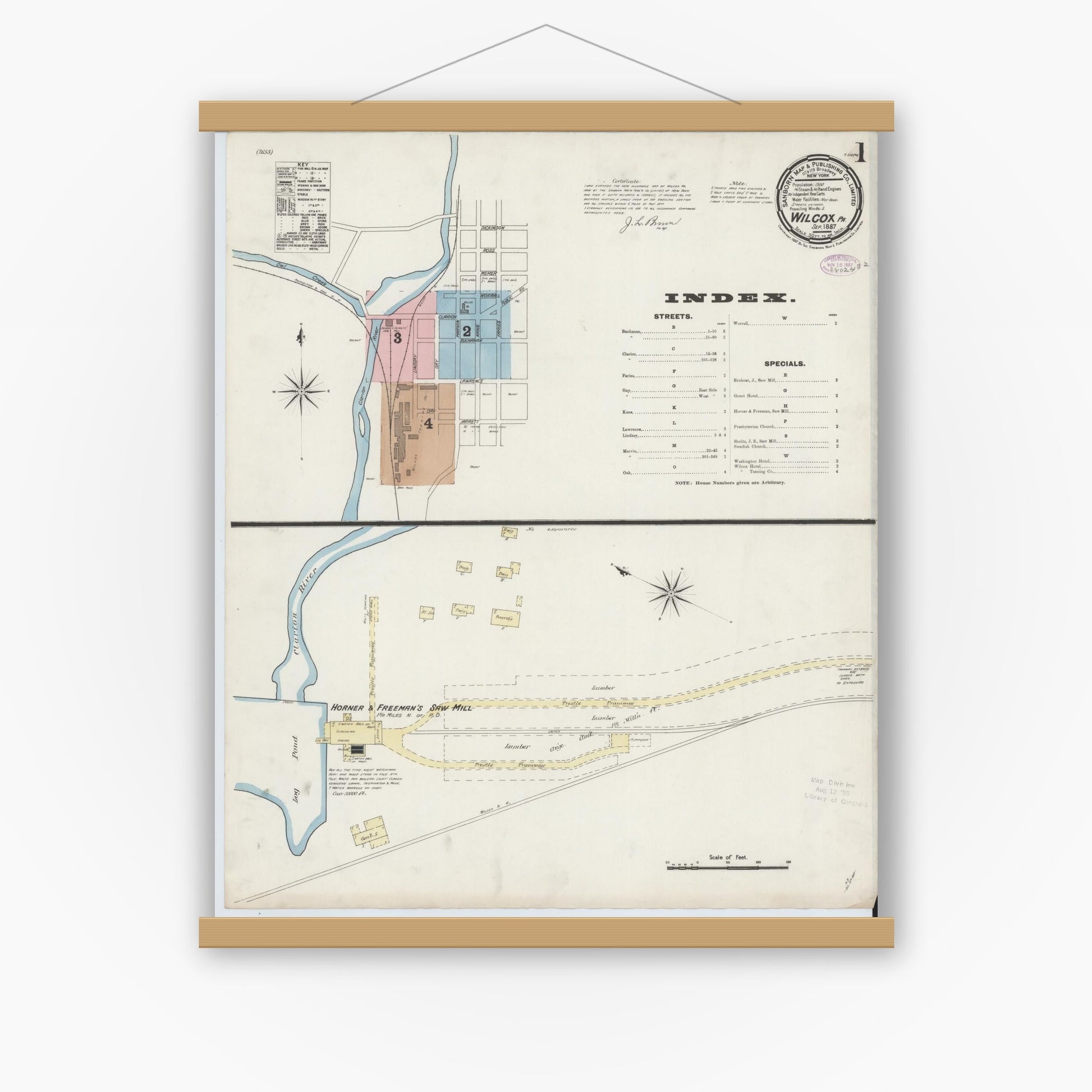 Old map wall art mockup — magnetic wood frame on white wall — Sanborn Fire Insurance Map from Wilcox, Elk County, Pennsylvania (1887), Sheet #0001