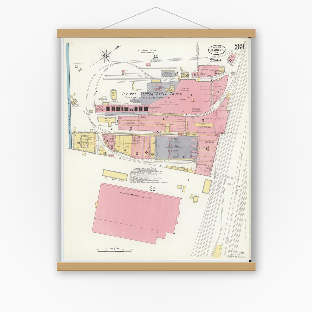 Old map wall art mockup — magnetic wood frame on white wall — Sanborn Fire Insurance Map from Braddock, Allegheny County, Pennsylvania (1908), Sheet #0033